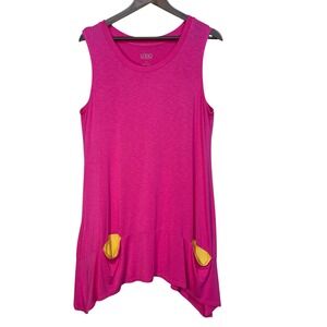 LOGO Lori Goldstein Pink Sleeveless Sharkbite Tunic Top Yellow Pockets A261123 L